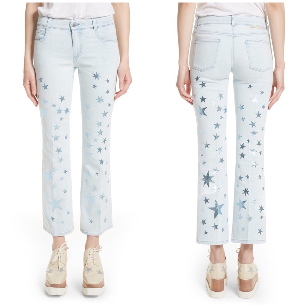 NWT Stella McCartney Metallic Star Flare Jeans 31 light blue cropped